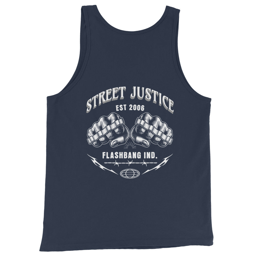 Navy tank top with white graphic design on a white background