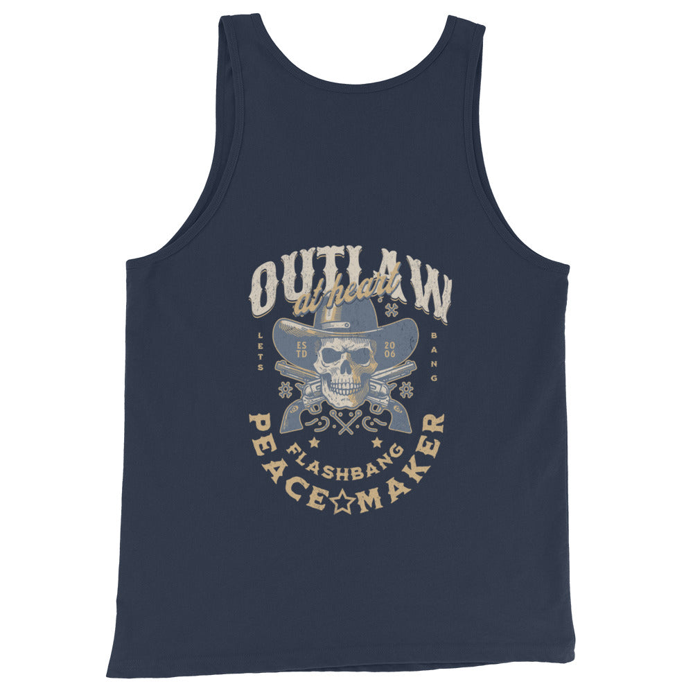 Navy tank top with skull and crossbones design and text on a white background