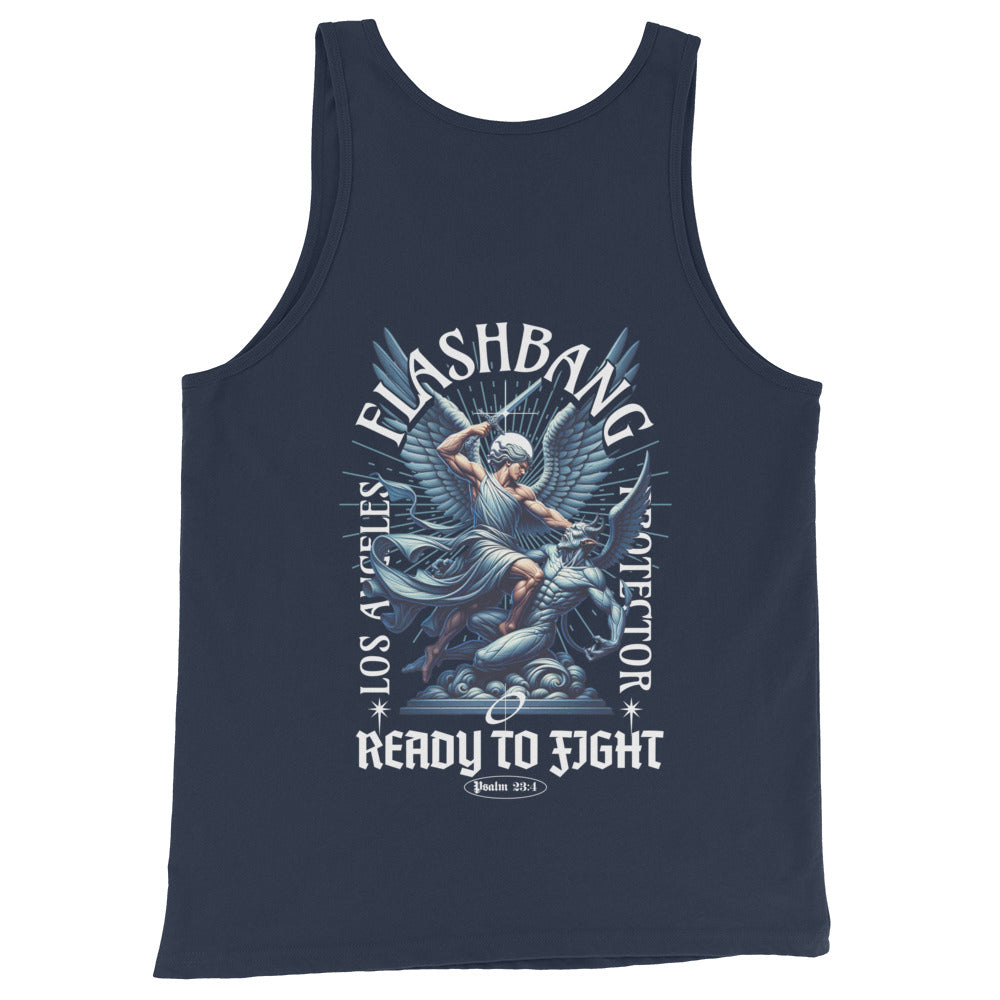 Navy tank top with graphic design and text on a white background