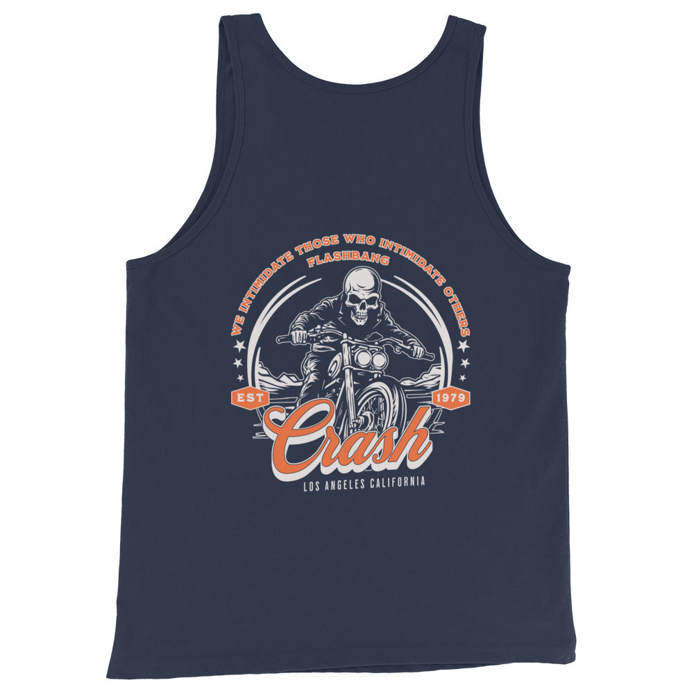 Navy tank top with a graphic design of a skull on a motorcycle and text.