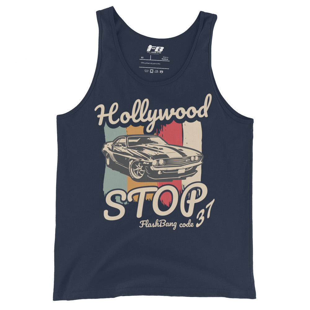 Navy tank top with vintage car graphic and text on a white background