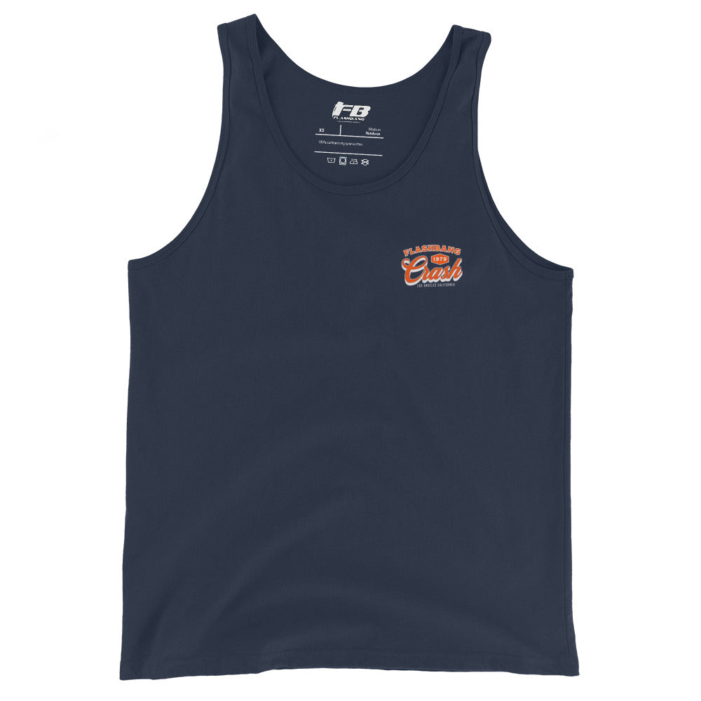 Navy tank top with orange and white text on a white background