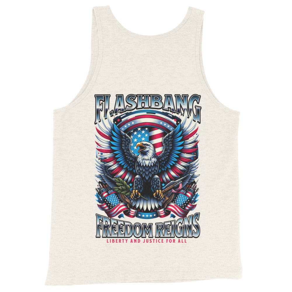 Tank top with an eagle and American flag design on a white background