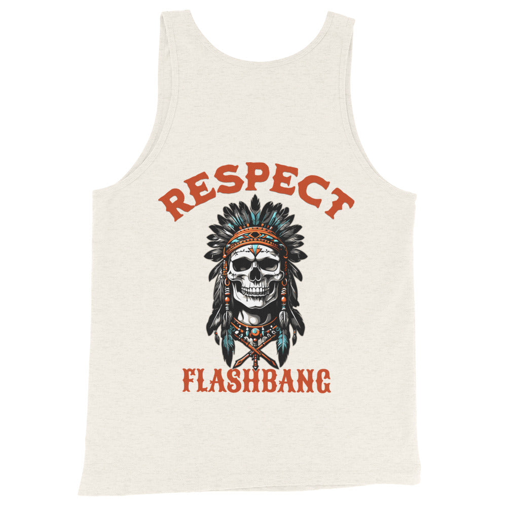Tank top with skull design and 'Respect Flashbang' text on a white background