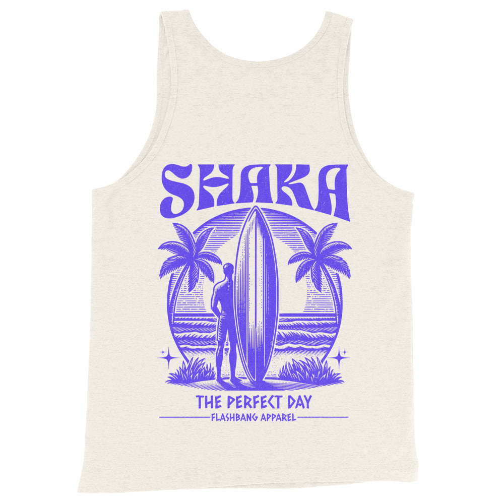 White tank top with purple 'Shaka' and beach graphic design on a white background