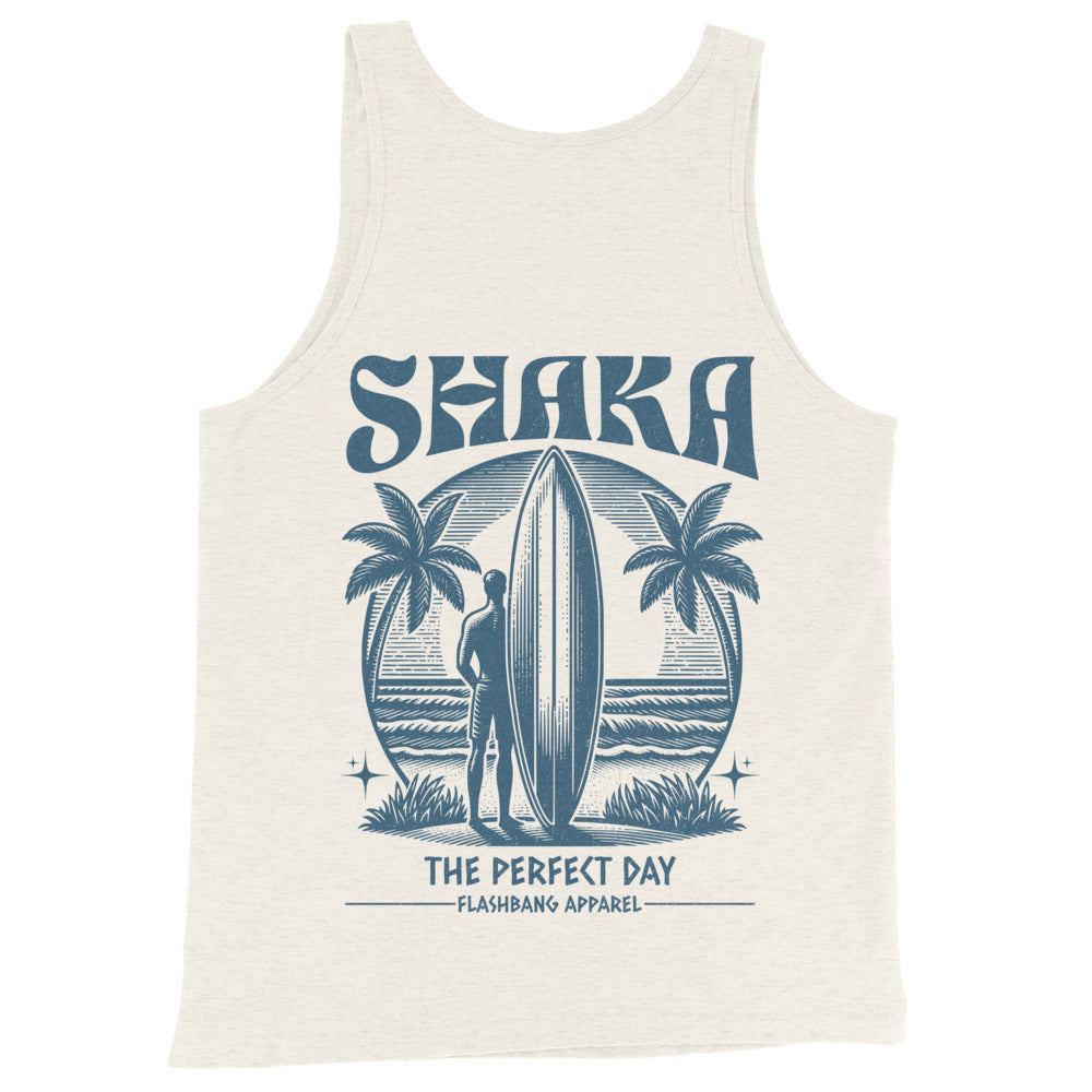 Tank top with 'Shaka' design featuring a surfer and palm trees on a white background