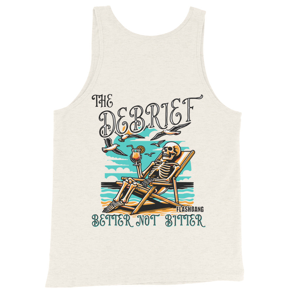 Tank top with skeleton design and text on a white background