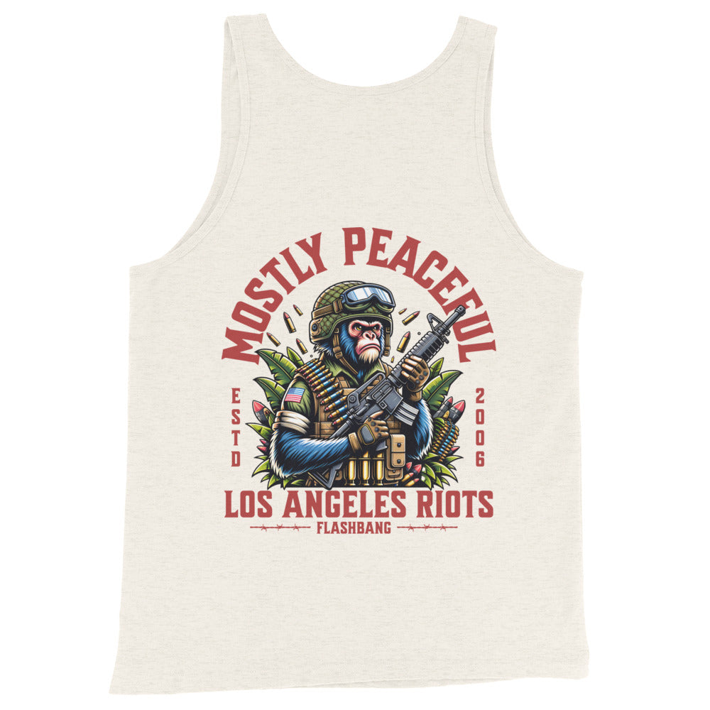 Tank top with graphic design of a monkey holding a gun and text on a white background