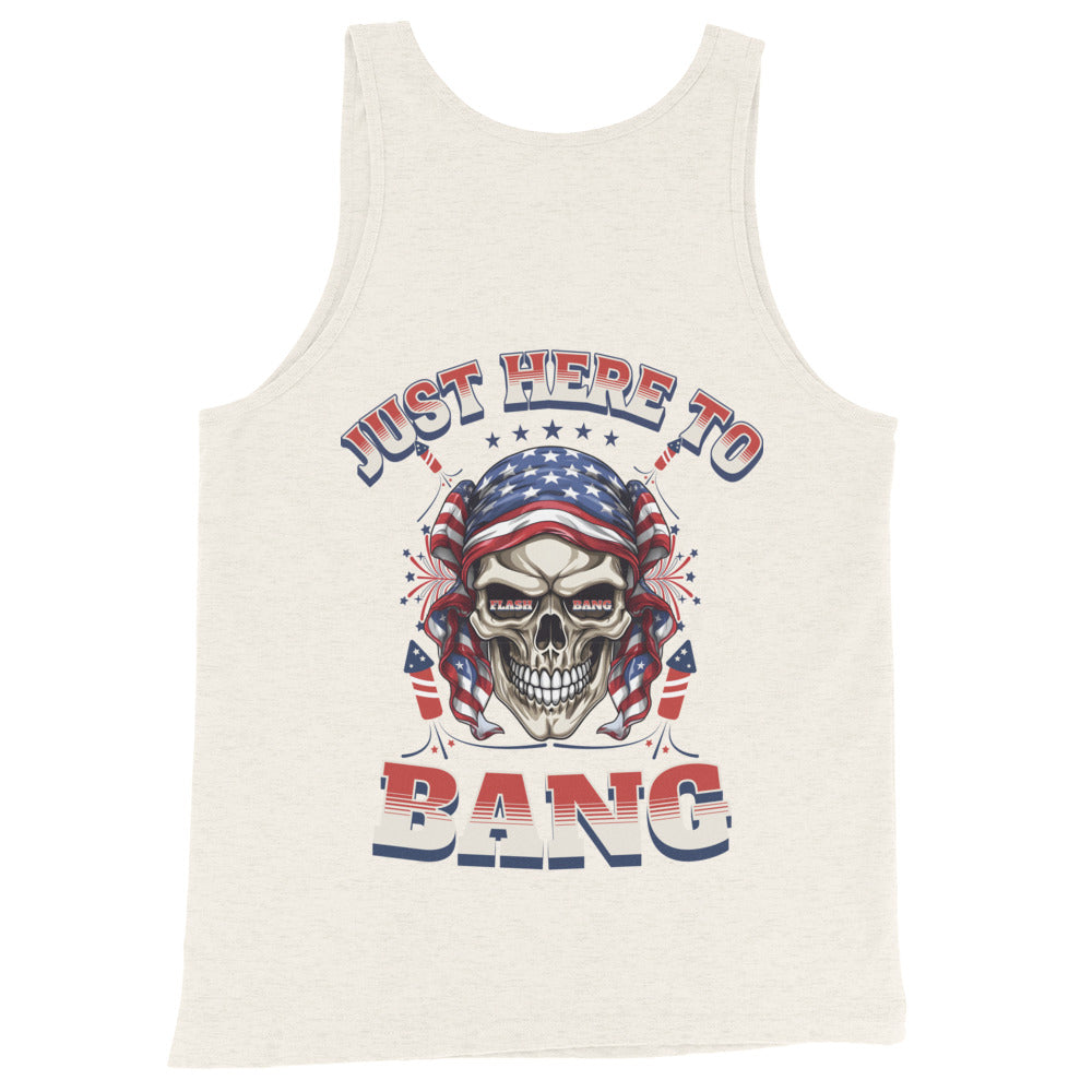 Tank top with skull design and text 'Just Here To Bang' on a white background