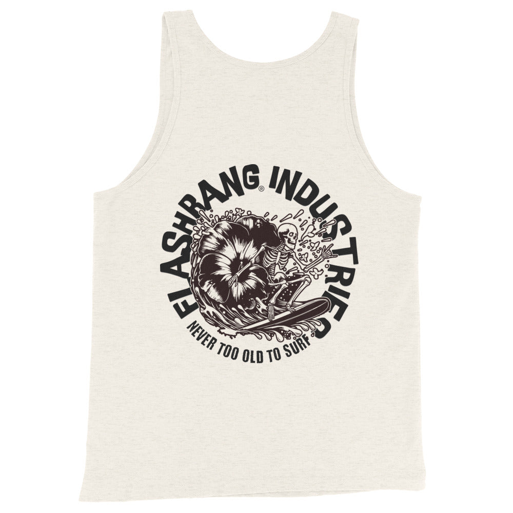 White tank top with black graphic design and text on a white background