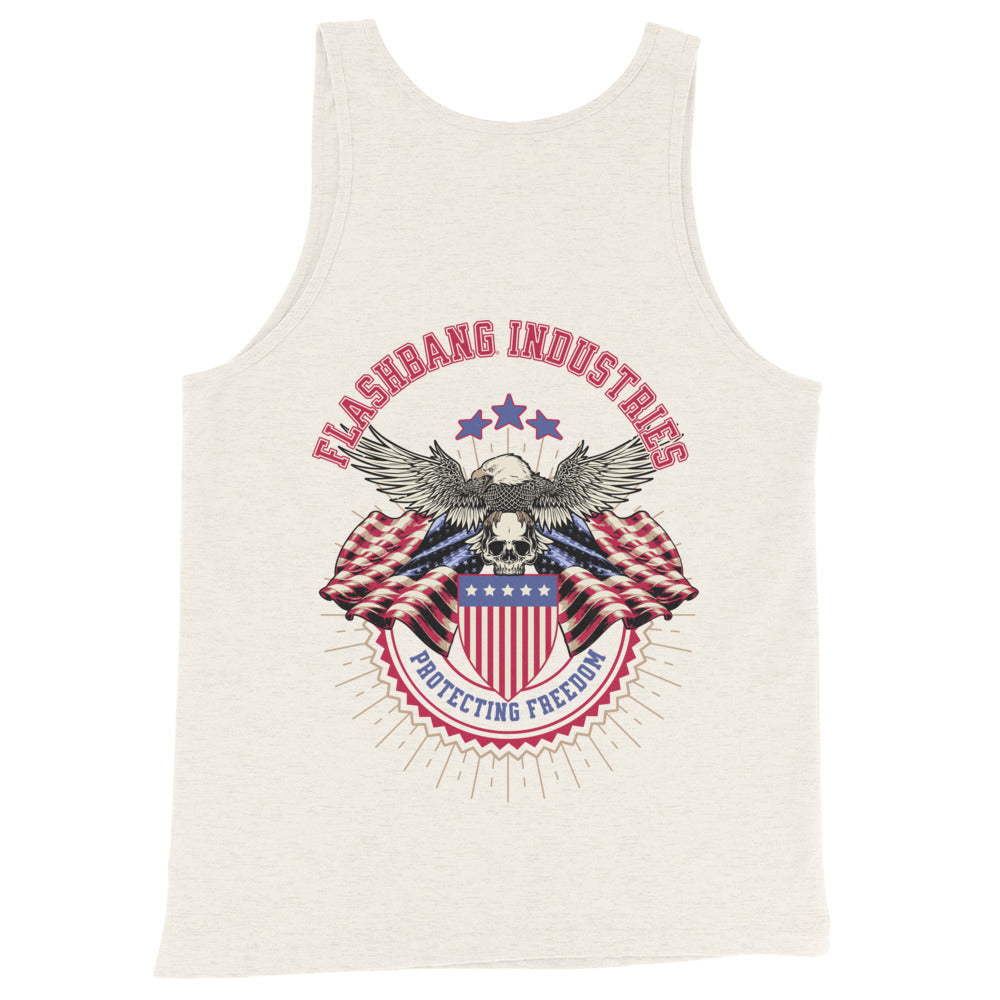 Tank top with patriotic design featuring an eagle and shield on a white background