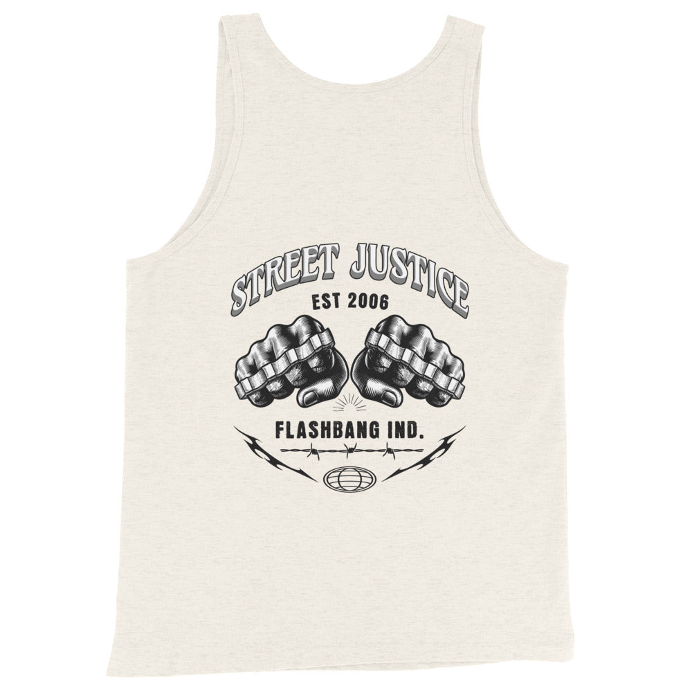 White tank top with black graphic design and text on a white background