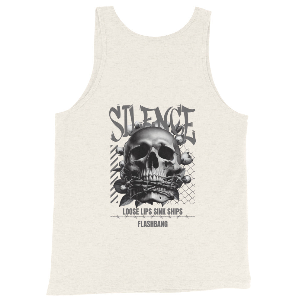 White tank top with black skull and text design on a white background