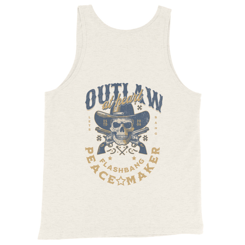 Tank top with skull and crossbones design and text on a white background