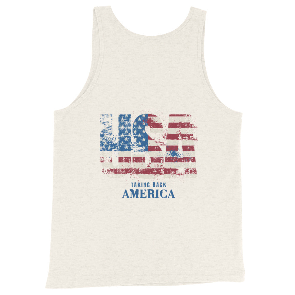 White tank top with American flag design and text on a white background