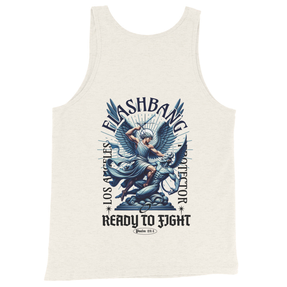 White tank top with graphic design and text on a white background