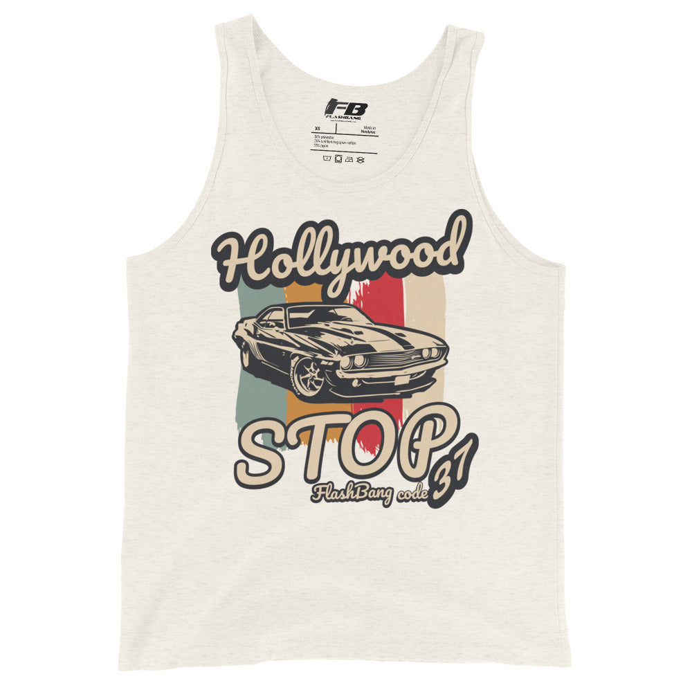 Tank top with vintage car graphic and 'Hollywood Stop' text on a white background