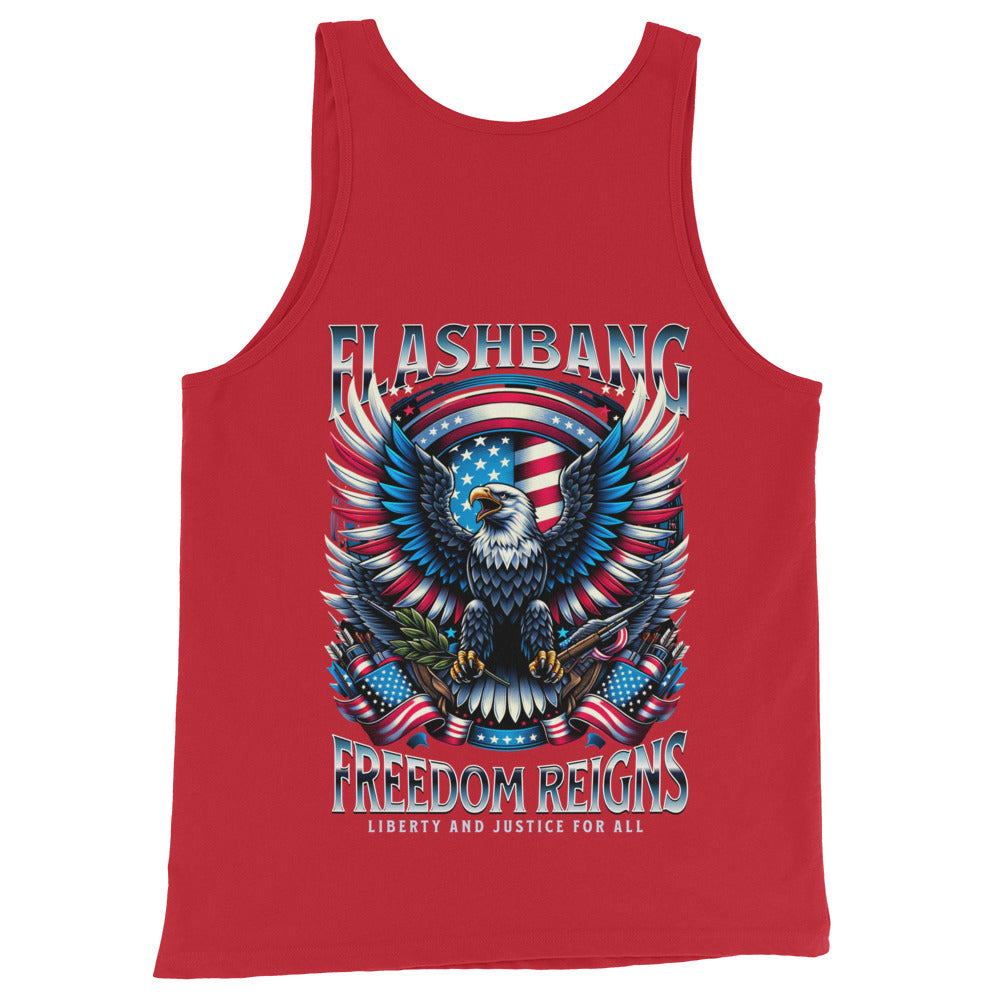 Red tank top with an eagle and American flag design on a white background