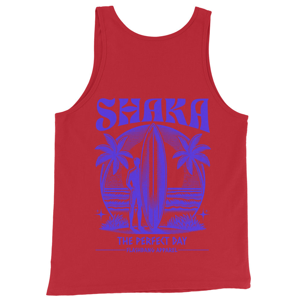Red tank top with blue graphic and text on a white background