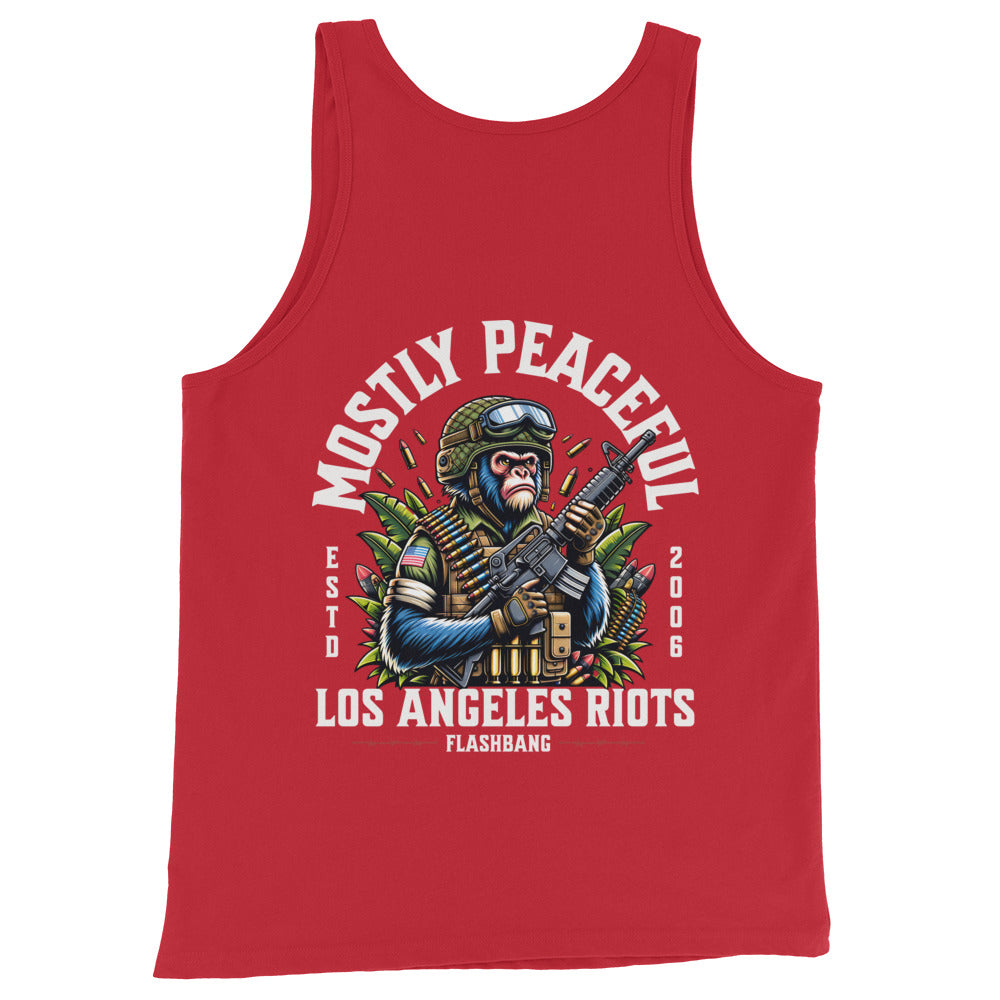 Red tank top with graphic design of a monkey holding a gun and text on a white background