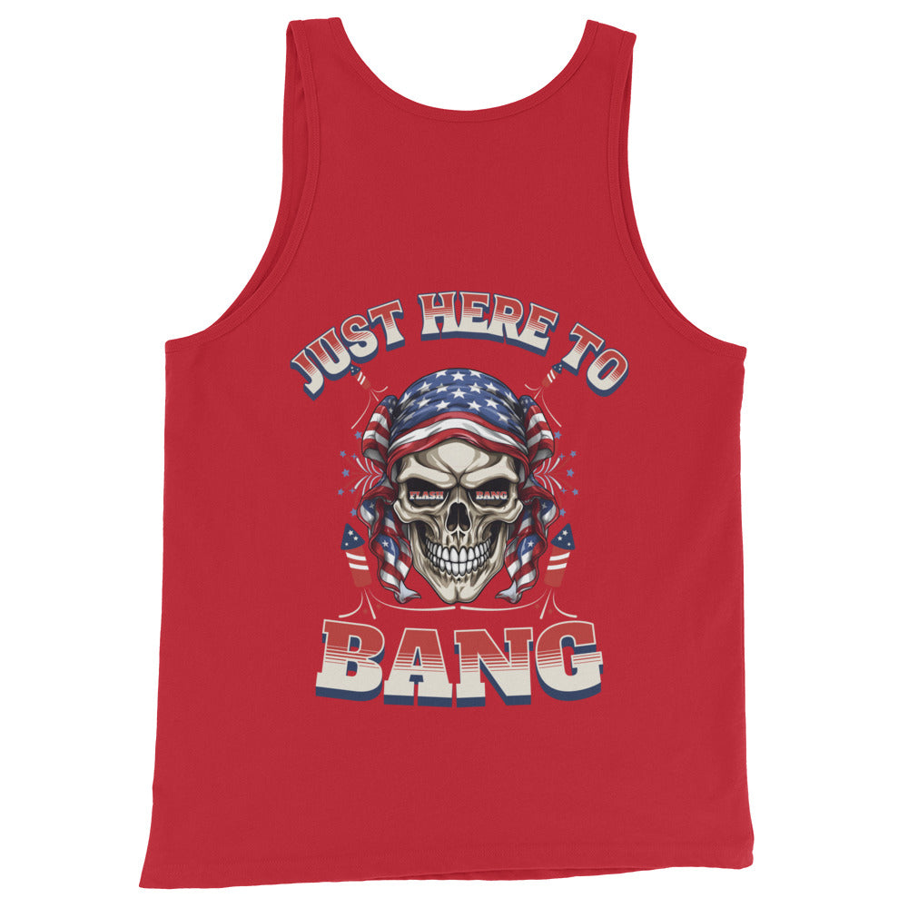 Red tank top with a skull graphic and 'Just Here to Bang' text on a white background