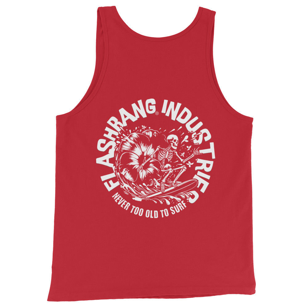 Red tank top with white graphic and text on a white background