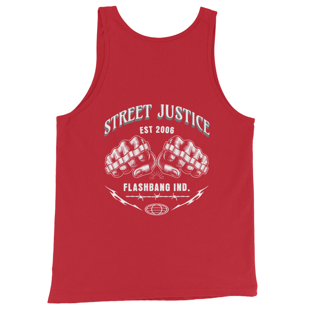 Red tank top with white graphic and text on a white background