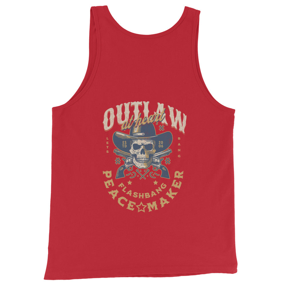 Red tank top with a graphic design featuring a skull and text on a white background