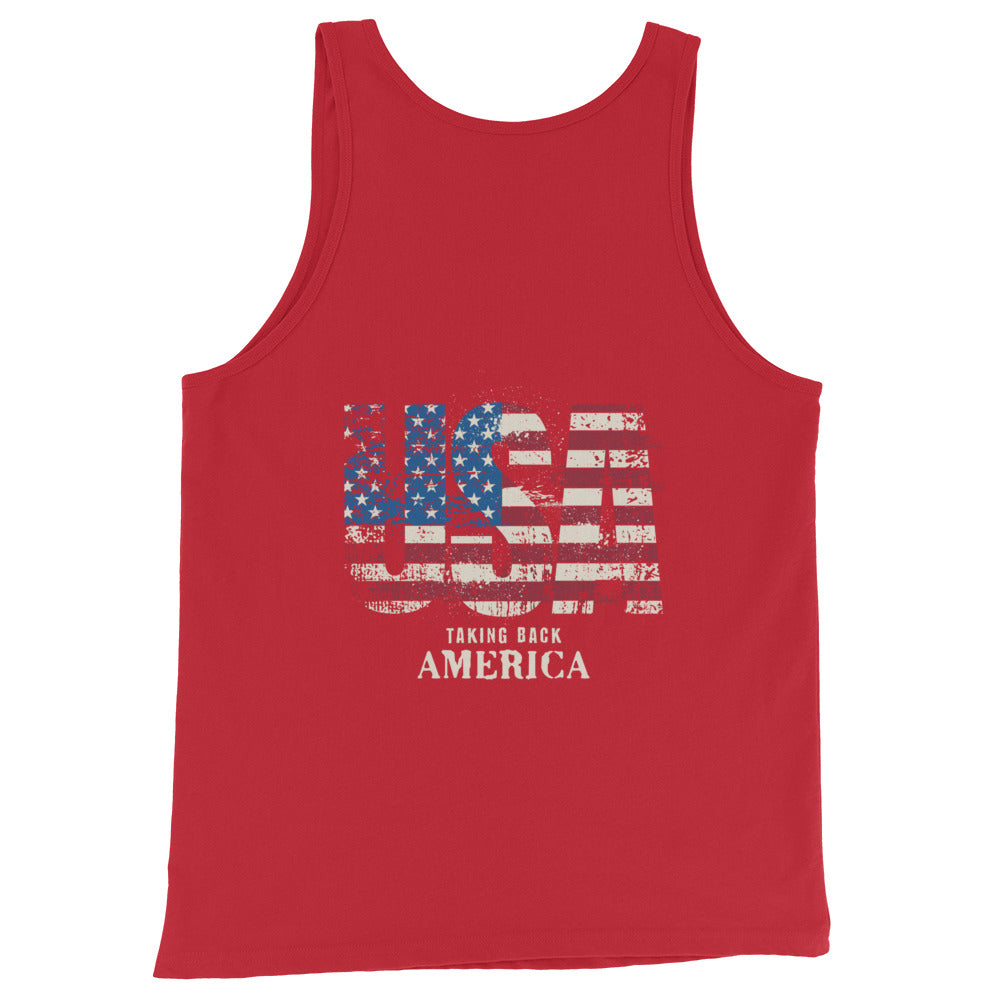 Red tank top with American flag design and text on a white background