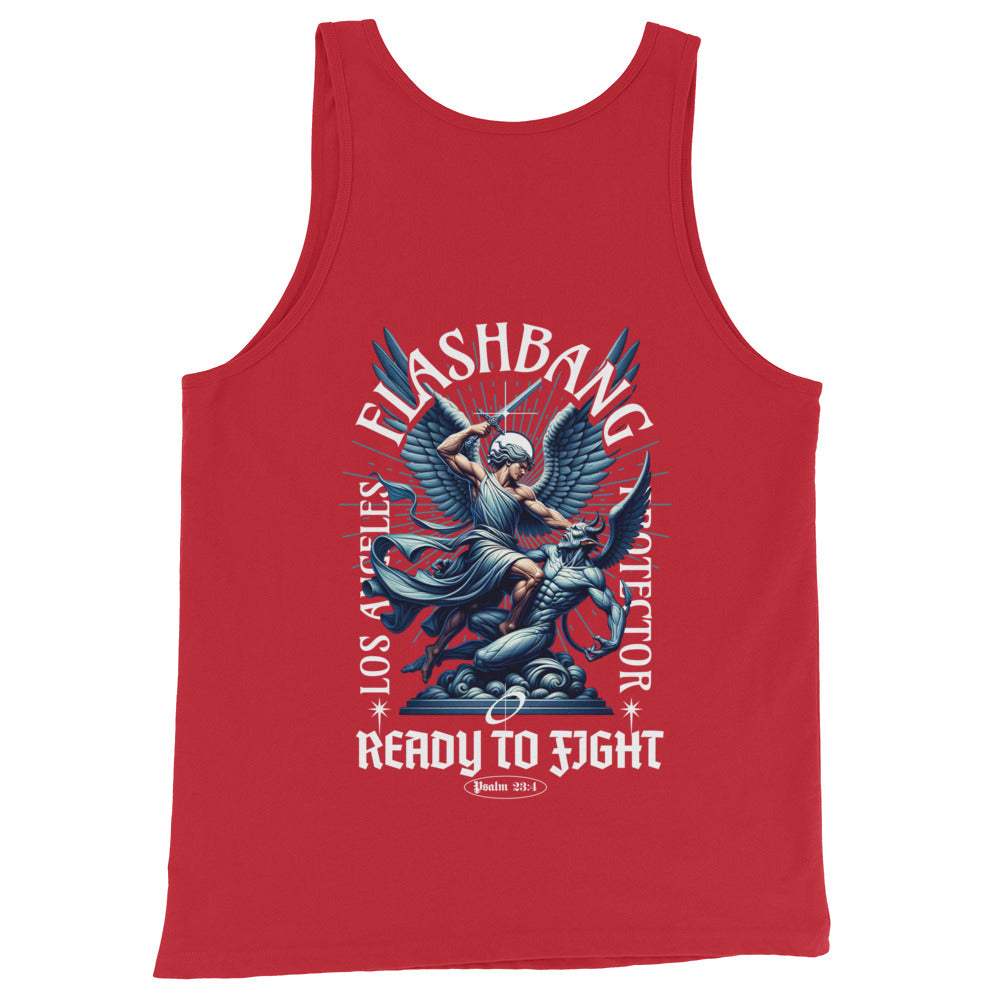 Red tank top with graphic design and text on a white background