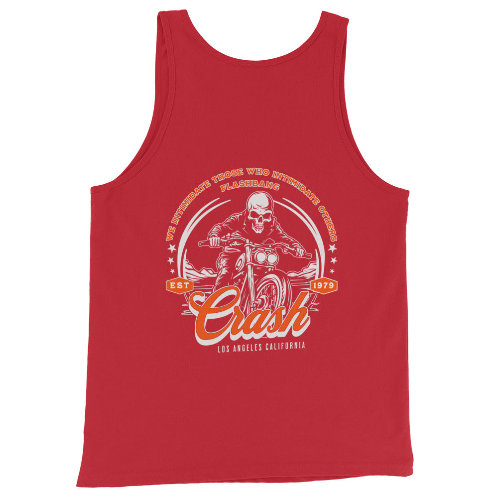 Red tank top with a graphic design on a white background