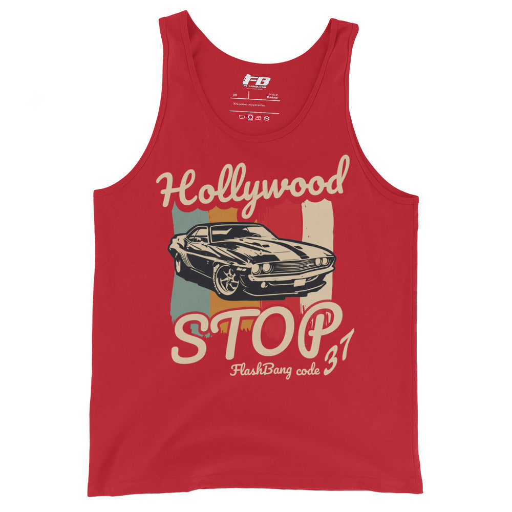 Red tank top with vintage car graphic and text on a white background