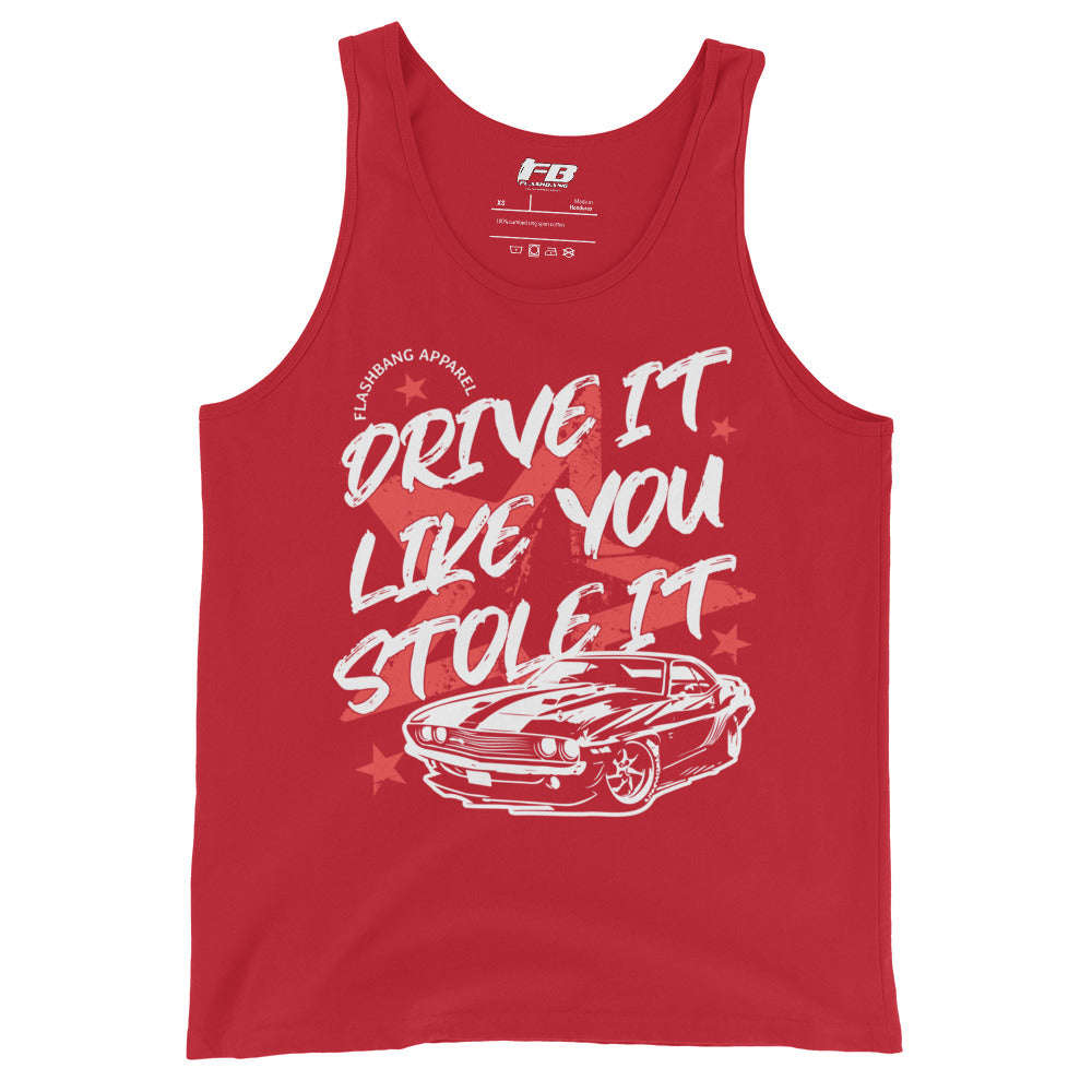 Red tank top with white text and car graphic on a white background