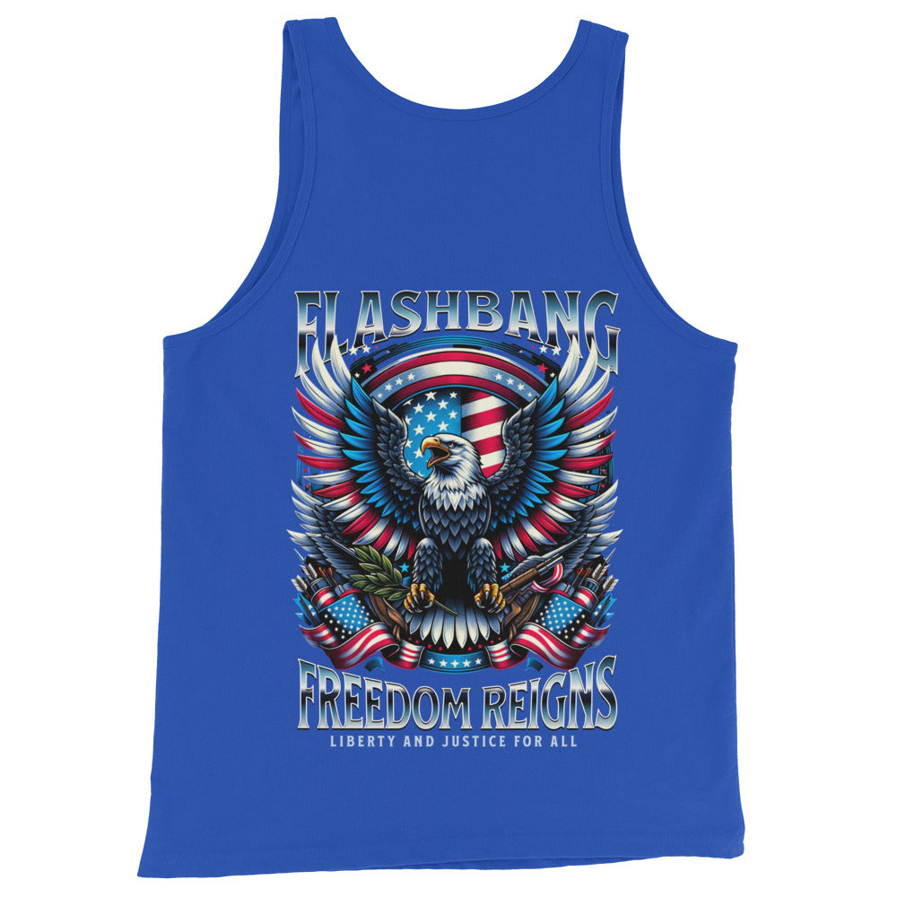 Blue tank top with an eagle and American flag design on a white background