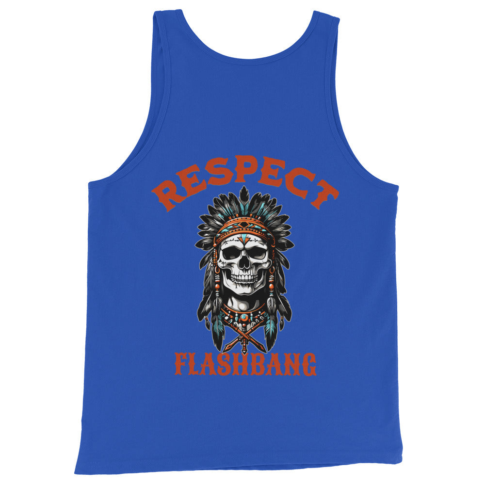 Blue tank top with skull and headdress design and 'Respect Flashbang' text on a white background