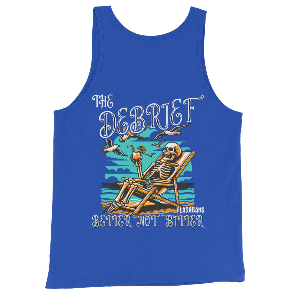 Blue tank top with a skeleton design and text on a white background