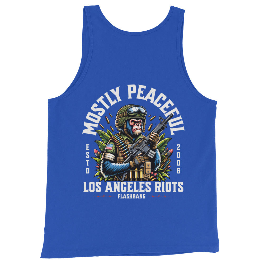 Blue tank top with graphic design and text on a white background