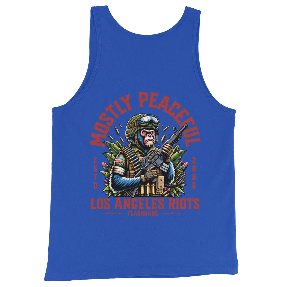 Blue tank top with a graphic design of a monkey holding a gun and text on a white background
