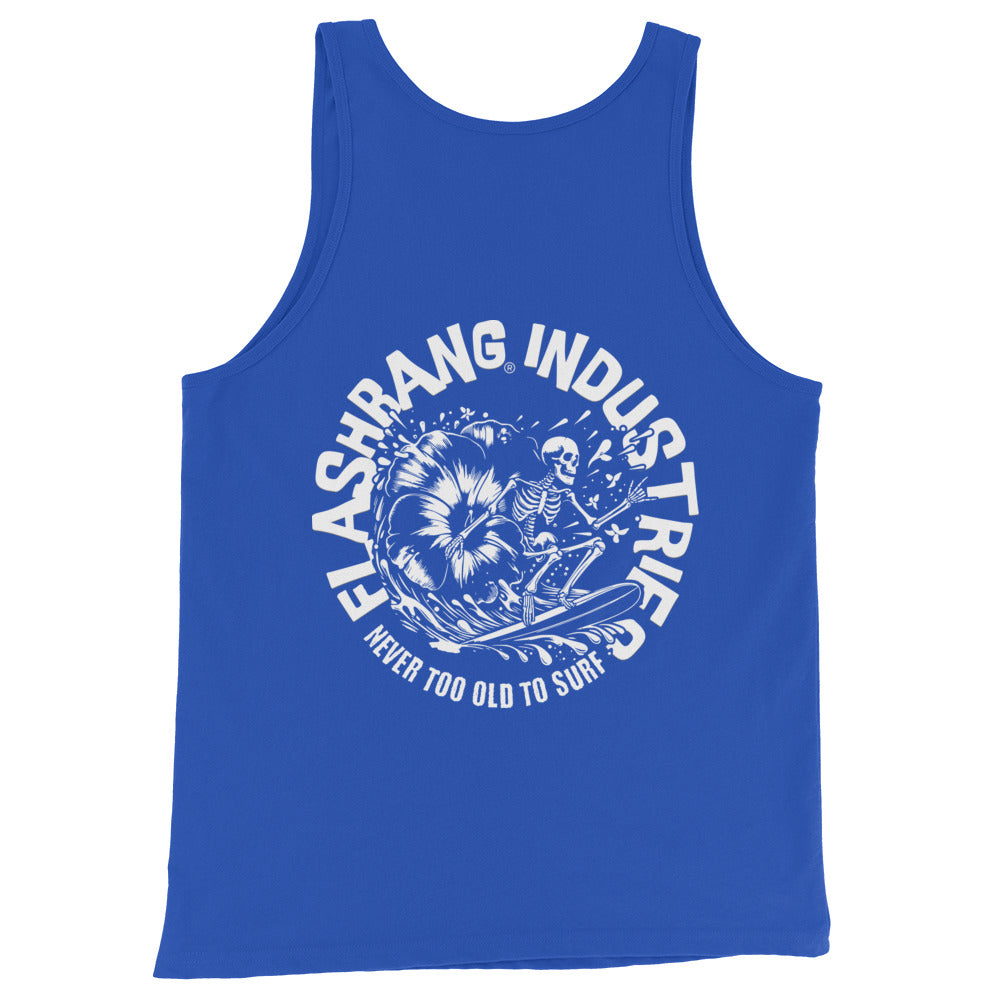 Blue tank top with white graphic and text on a white background