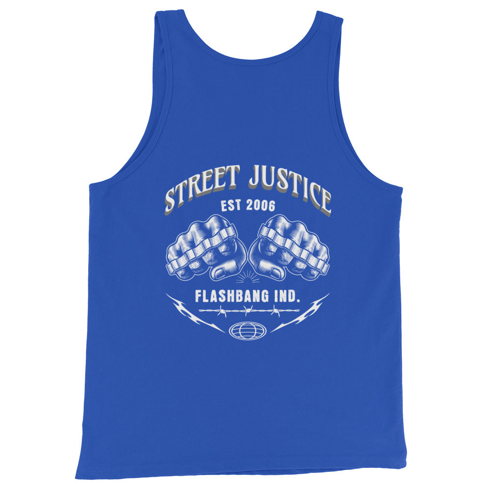 Blue tank top with white graphic and text on a white background