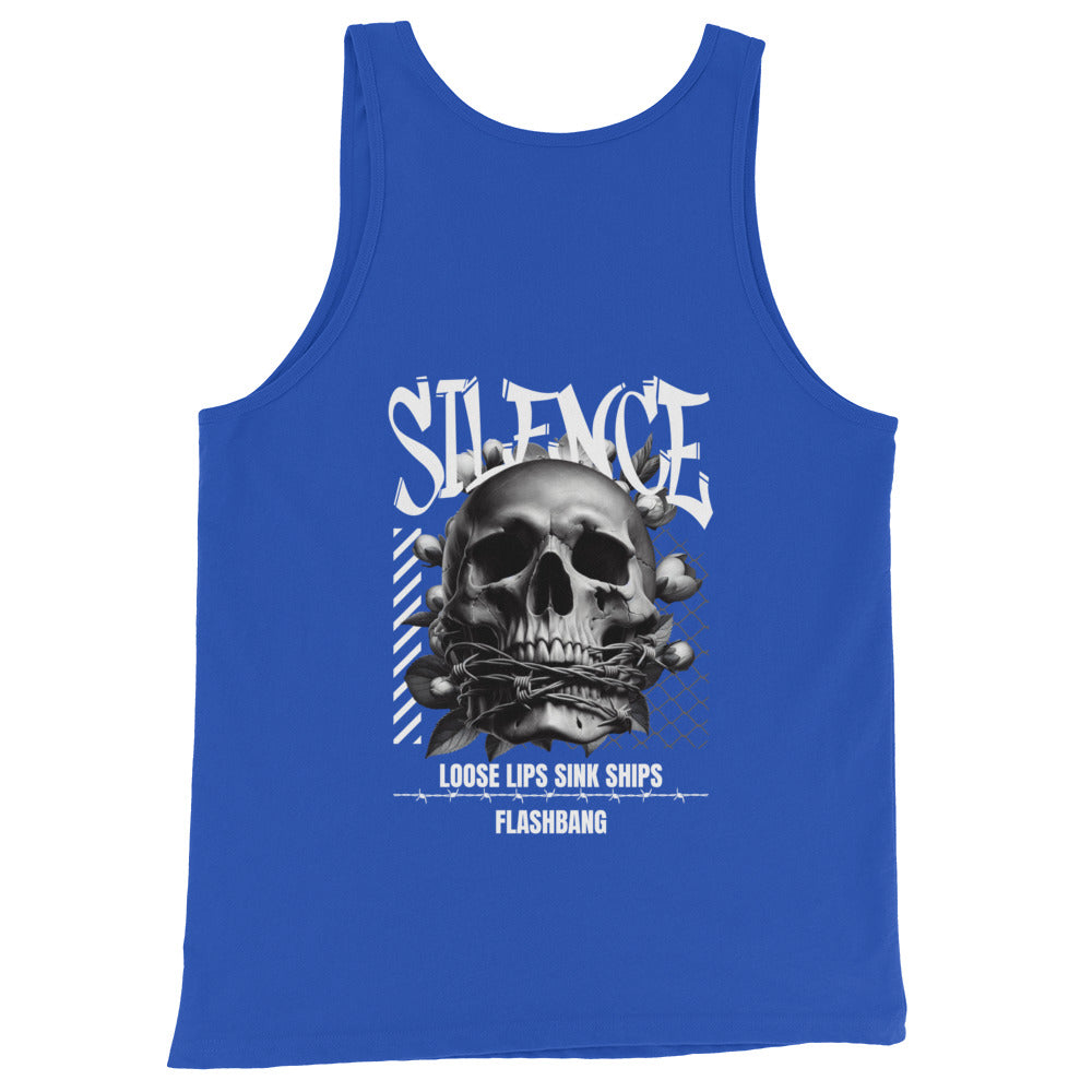 Blue tank top with skull graphic and text on a white background
