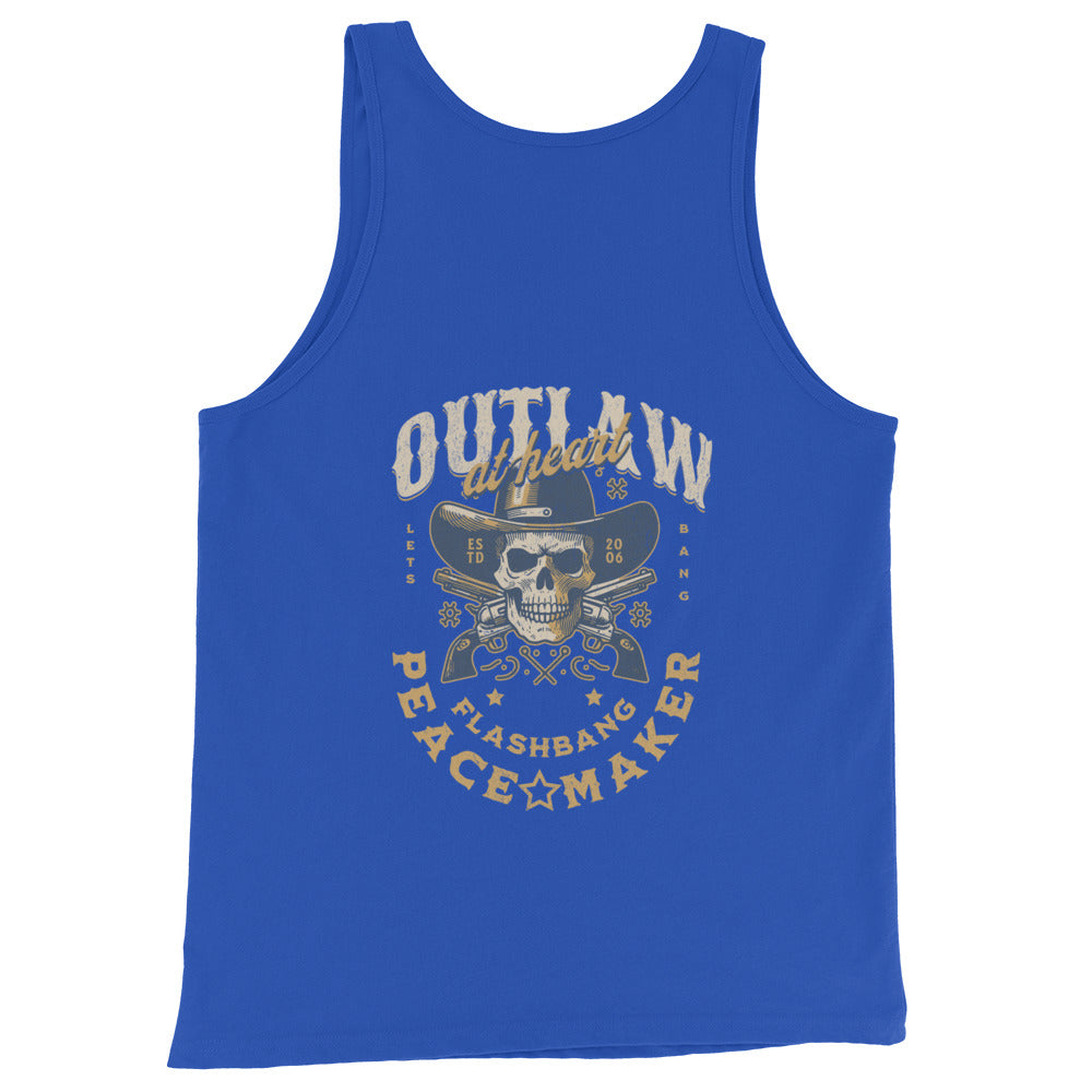 Blue tank top with graphic design and text on a white background