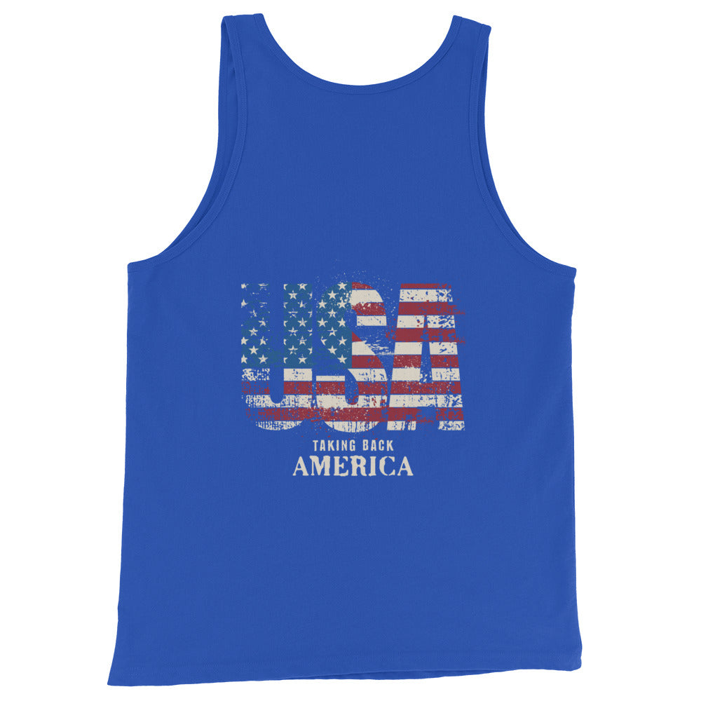 Blue tank top with American flag design and text on a white background
