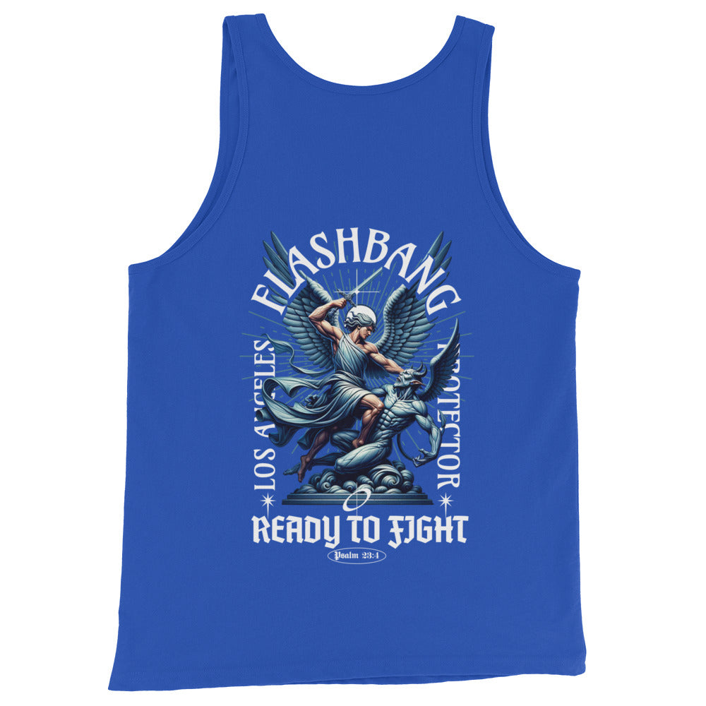Blue tank top with graphic design and text on a white background