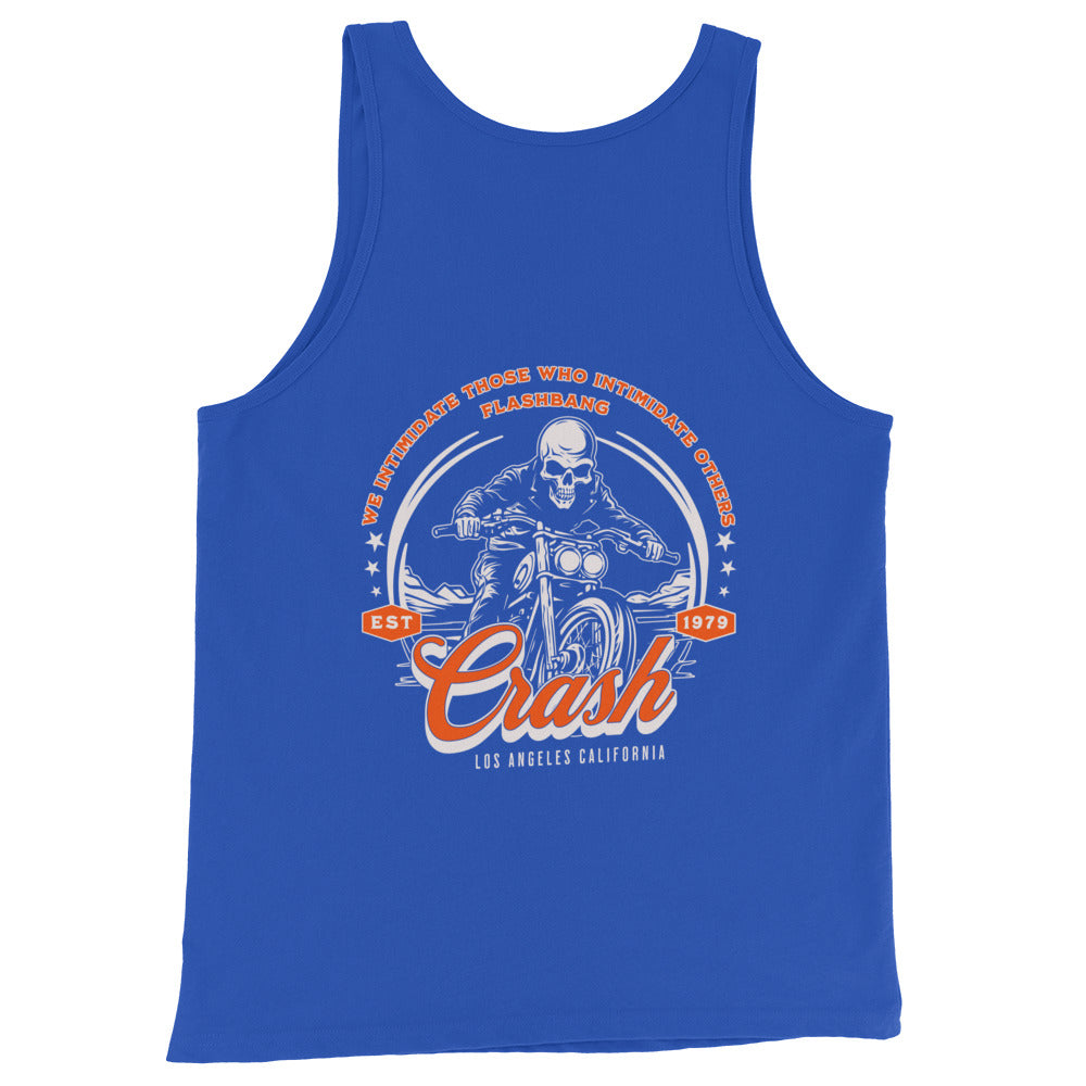 Blue tank top with a graphic design featuring a skull on a motorcycle and text.