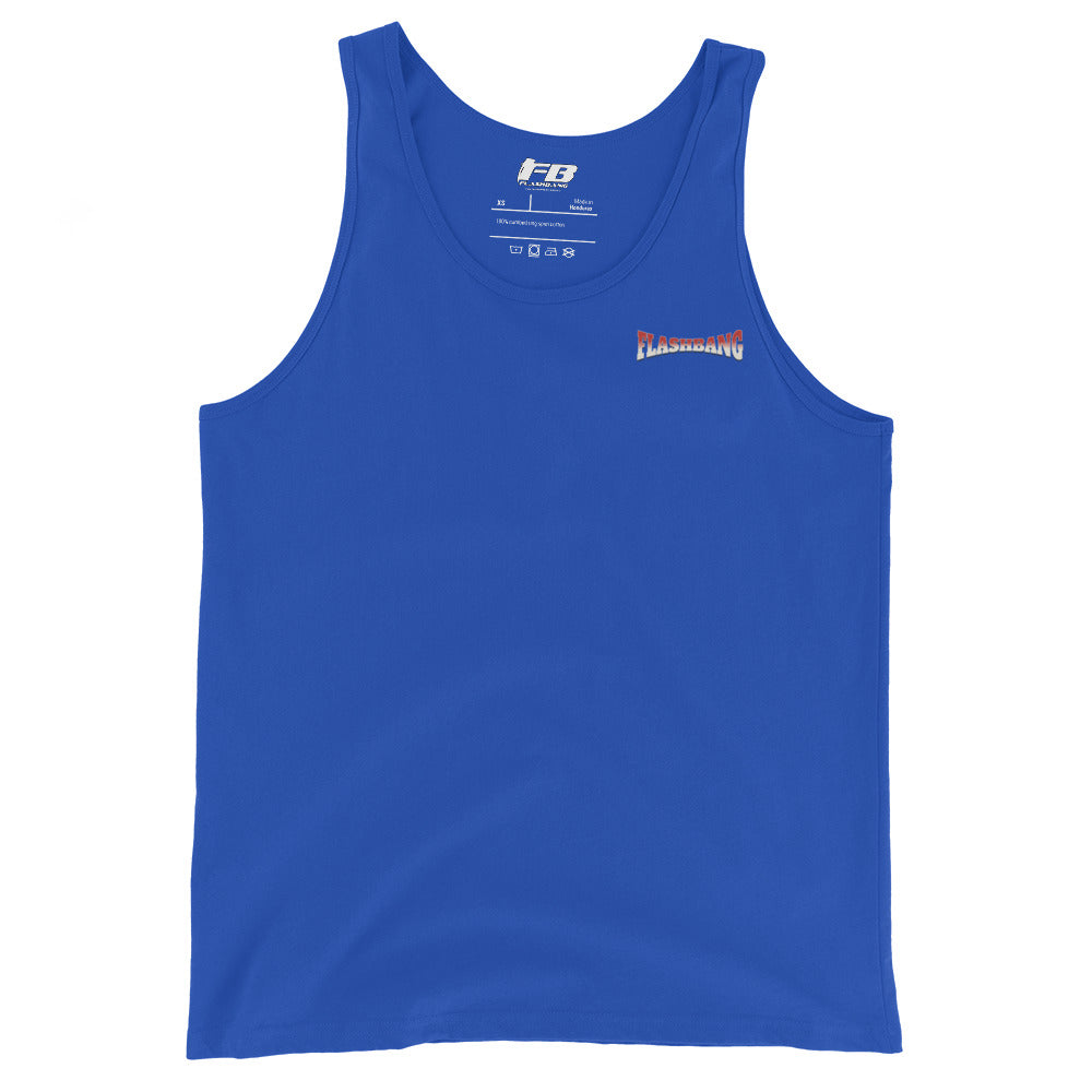 Blue tank top with a logo on a white background