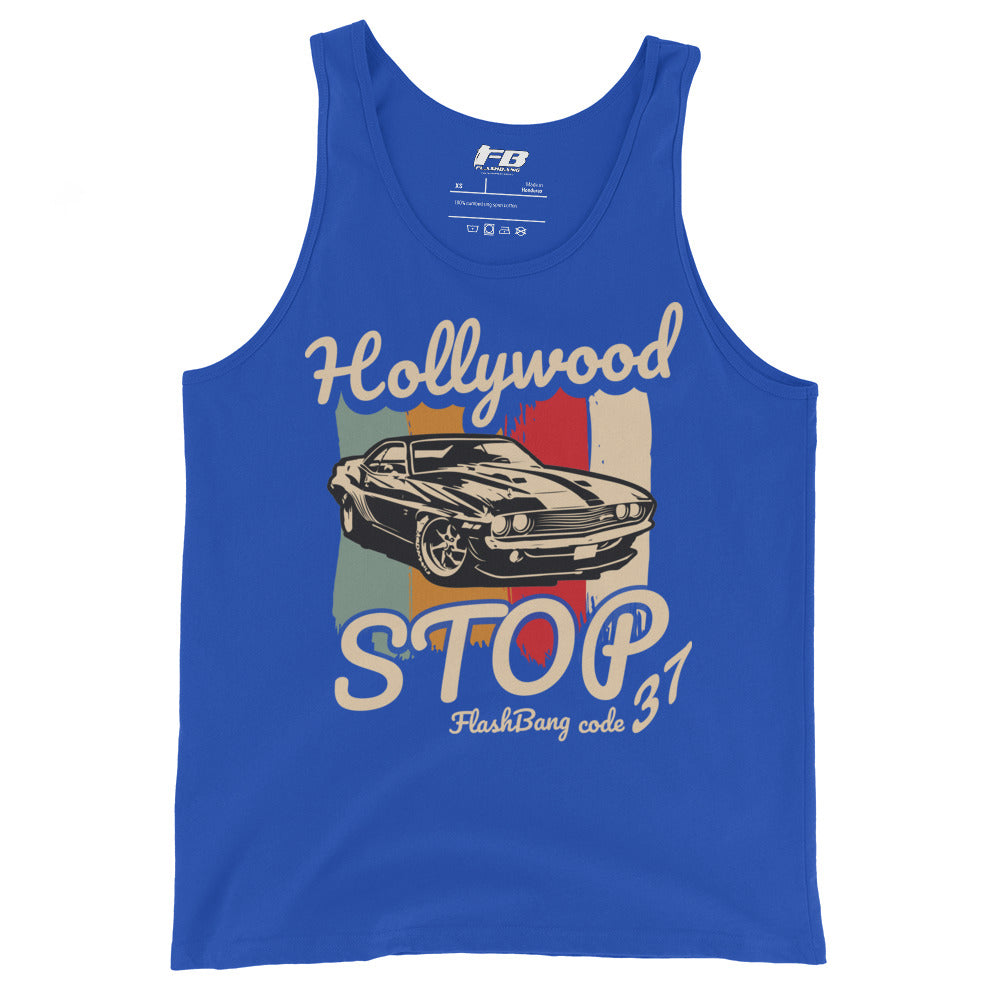 Blue tank top with vintage car graphic and text on a white background