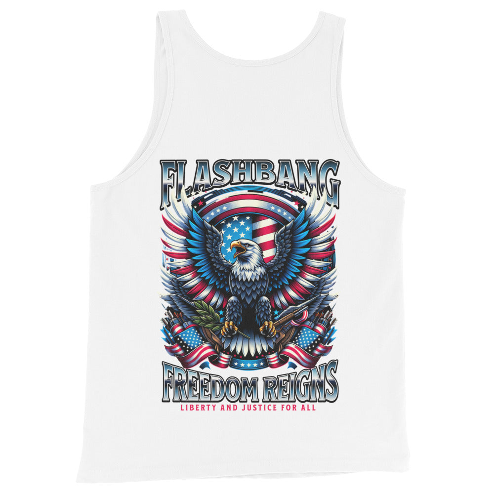 White tank top with an eagle and American flag design on a white background