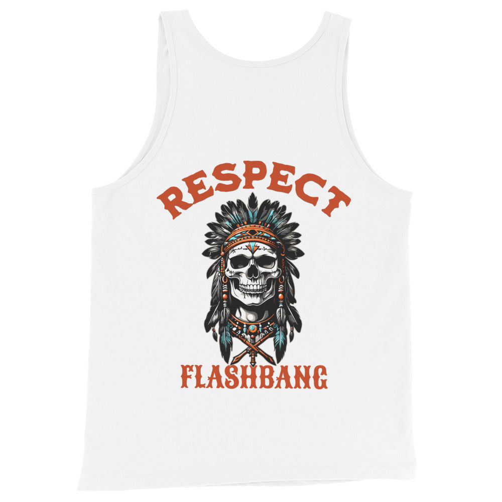 White tank top with a skull design and 'Respect Flashbang' text on a white background