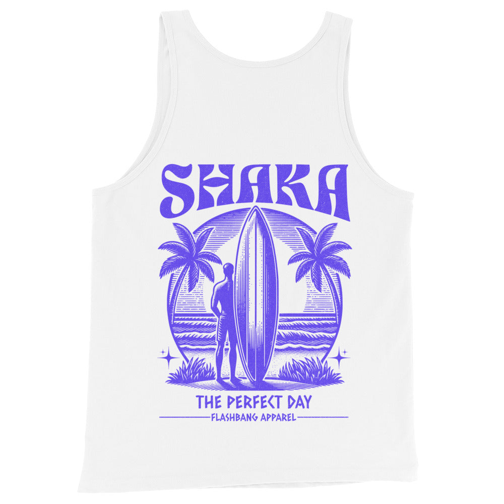 White tank top with purple 'Shaka' and beach graphic on a white background